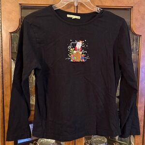 Women’s Black Long Sleeve Holiday Christmas Shirt with Santa Design Size Large